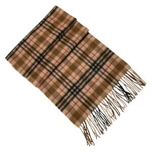 Amicale Pure Cashmere Scarf Tan Red Black Plaid Unisex 62 x11.5 Rectangle